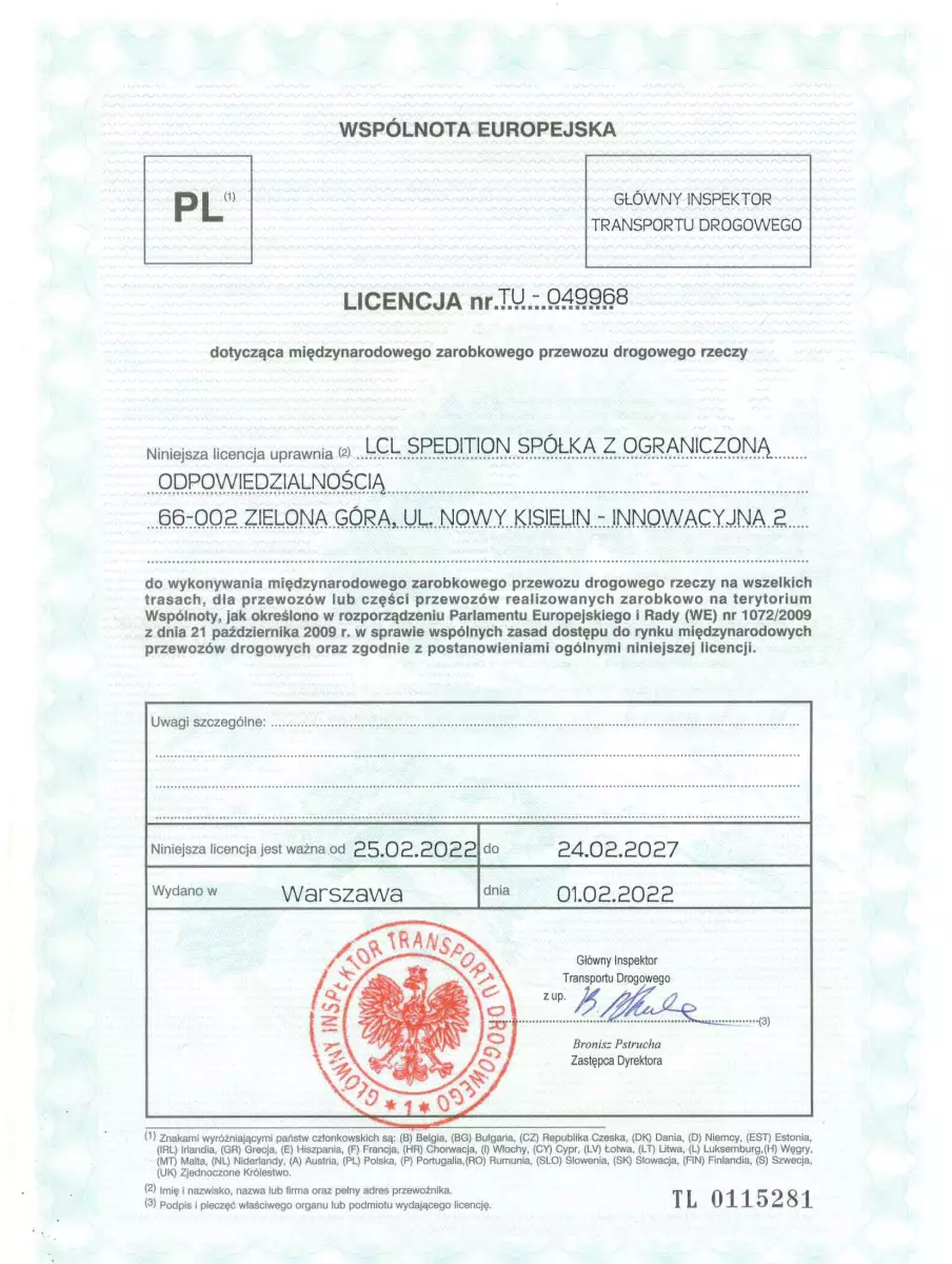 Licence for international commercial road transport