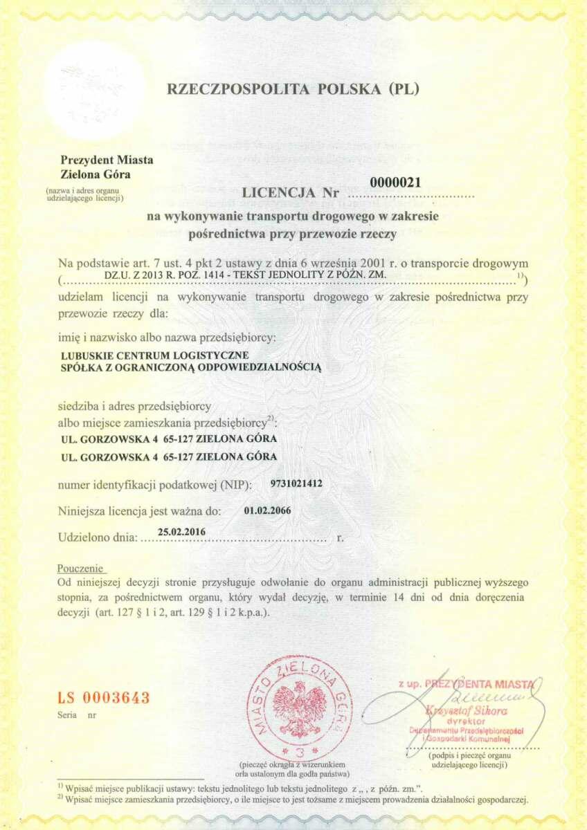 Lizenz zur Durchführung von Straßentransporten für die Vermittlung von Güterbeförderungen