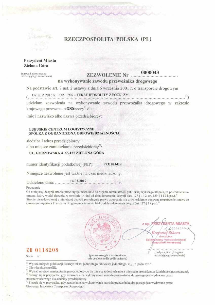 Permit to carry out the occupation of road transport operator