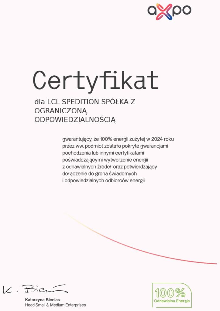 Certification that 100% of the energy consumed by LCL Spedition in 2024 comes from renewable sources
