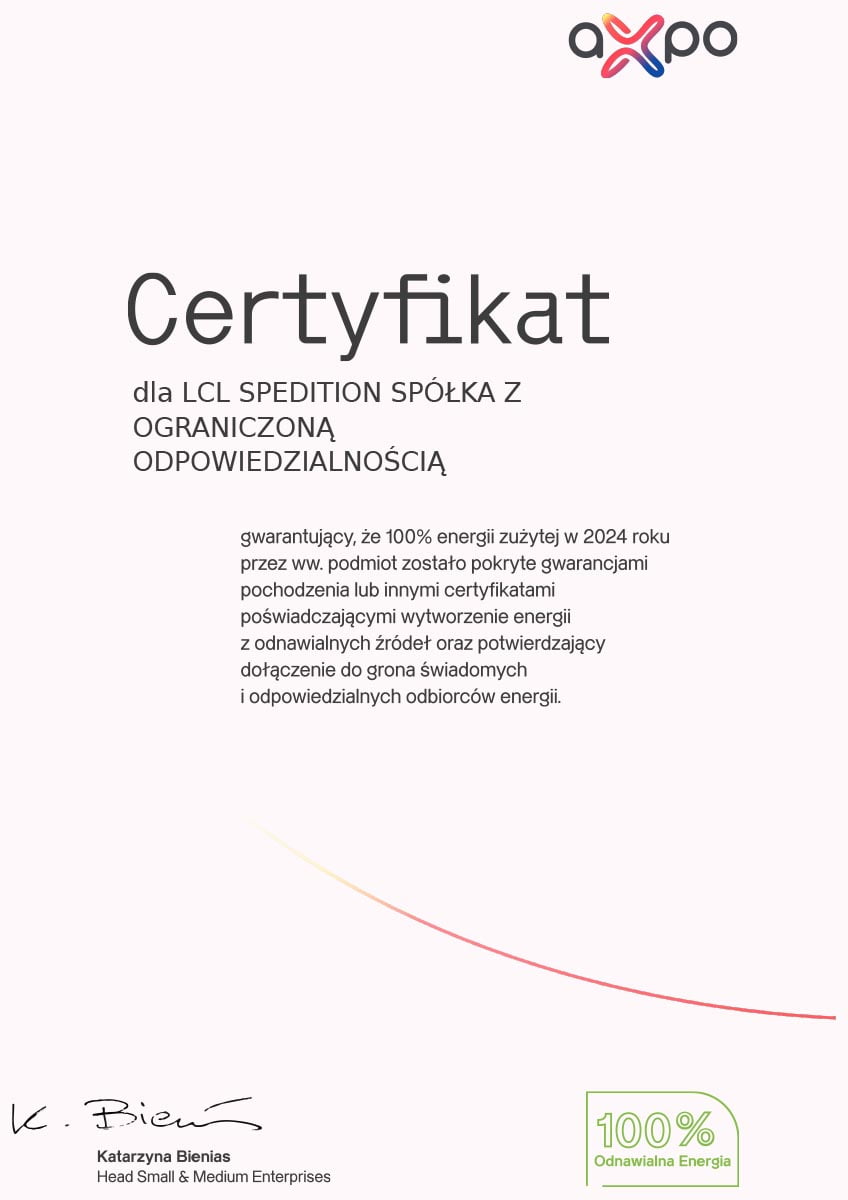 Certification that 100% of the energy consumed by LCL Spedition in 2024 comes from renewable sources