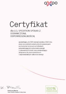 Zertifizierung, dass 100 % der von der LCL Spedition im Jahr 2024 verbrauchten Energie aus erneuerbaren Quellen stammt