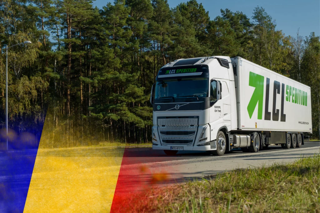 LCL Spedition truck covered with Romanian flag